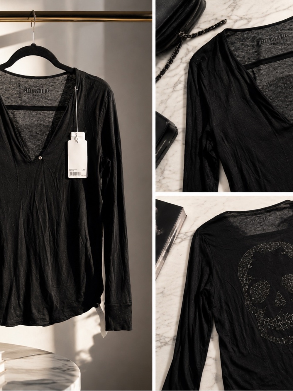 Zadig & Voltaire Black Long-Sleeve V-Neck Top with Studded Skull
